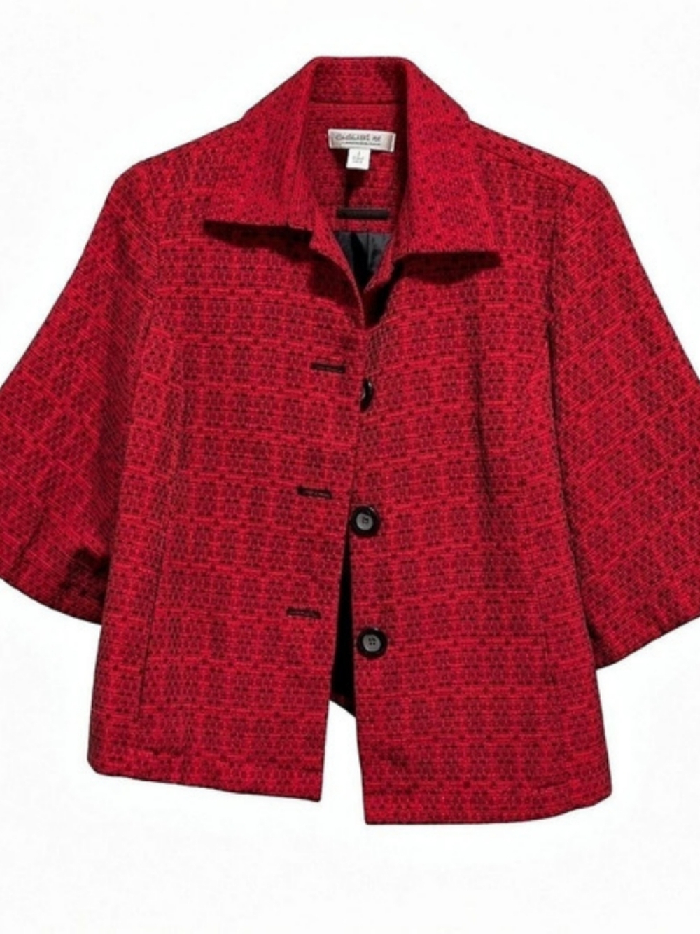 090 Coldwater Creek Textured Short Sleeve Jacket in Red & Black Size S Like New